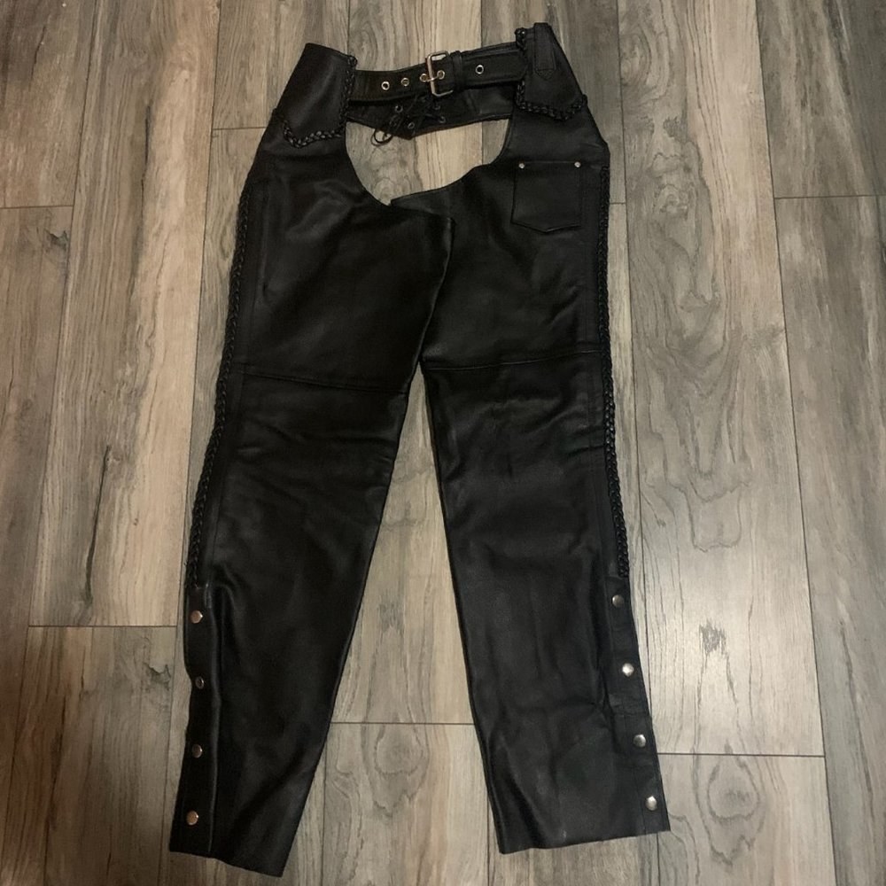 HIMALAYA MOTOR BIKE WEAR BLACK LEATHER MOTORCYCLE RIDING CHAPS‎ 2XS-EUC